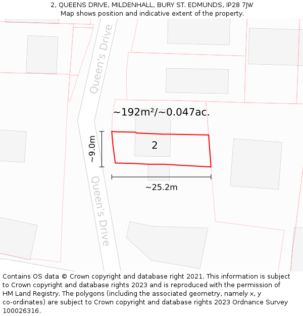 2, QUEENS DRIVE, MILDENHALL, BURY ST. EDMUNDS, IP28 7JW: Plot and title map