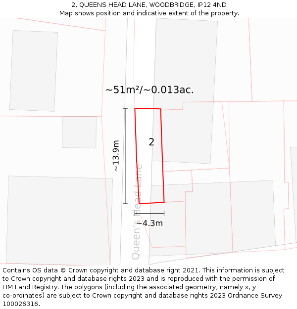 2, QUEENS HEAD LANE, WOODBRIDGE, IP12 4ND: Plot and title map