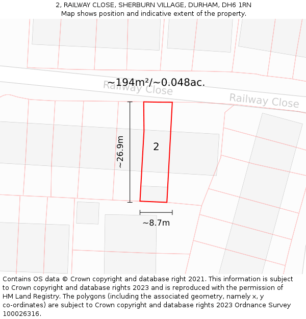 2, RAILWAY CLOSE, SHERBURN VILLAGE, DURHAM, DH6 1RN: Plot and title map