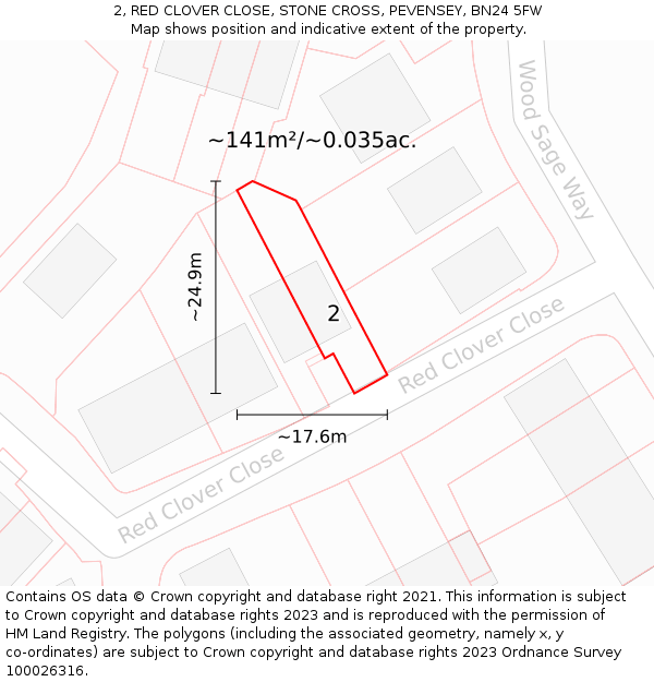 2, RED CLOVER CLOSE, STONE CROSS, PEVENSEY, BN24 5FW: Plot and title map