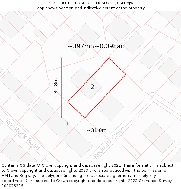 2, REDRUTH CLOSE, CHELMSFORD, CM1 6JW: Plot and title map