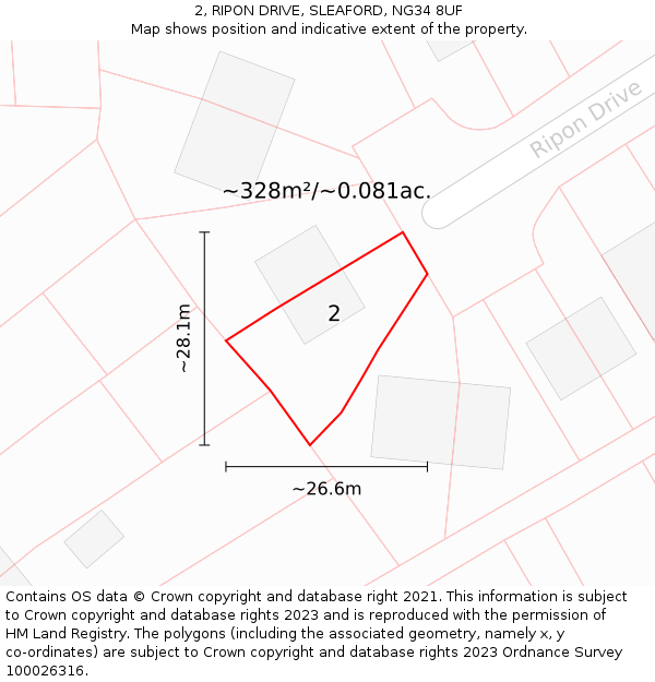 2, RIPON DRIVE, SLEAFORD, NG34 8UF: Plot and title map