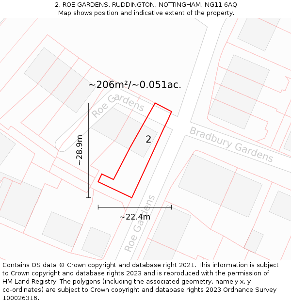 2, ROE GARDENS, RUDDINGTON, NOTTINGHAM, NG11 6AQ: Plot and title map