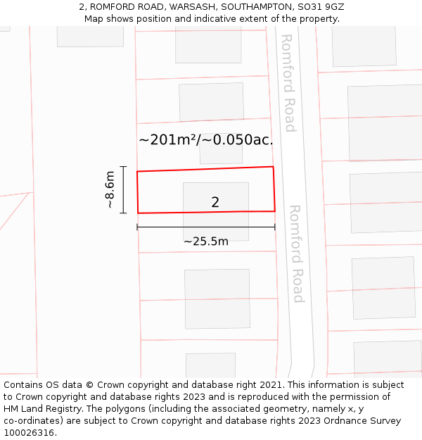 2, ROMFORD ROAD, WARSASH, SOUTHAMPTON, SO31 9GZ: Plot and title map