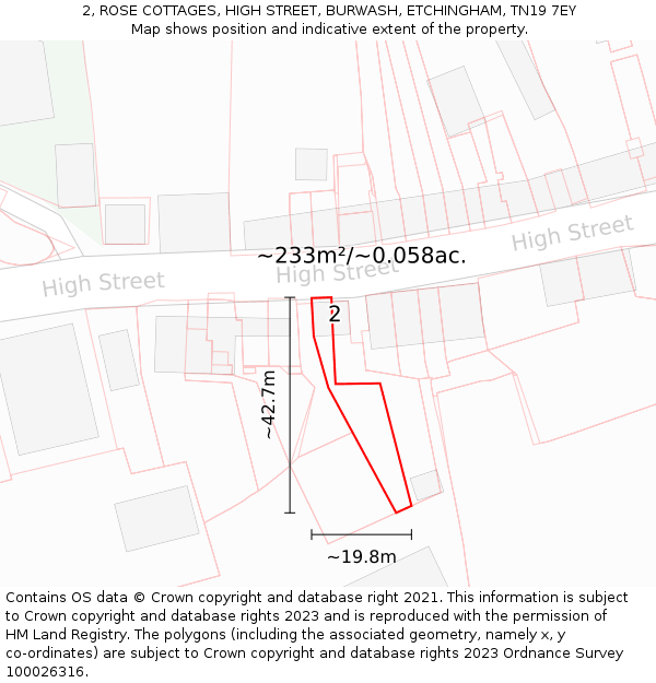 2, ROSE COTTAGES, HIGH STREET, BURWASH, ETCHINGHAM, TN19 7EY: Plot and title map