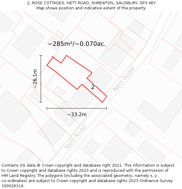 2, ROSE COTTAGES, NETT ROAD, SHREWTON, SALISBURY, SP3 4EY: Plot and title map