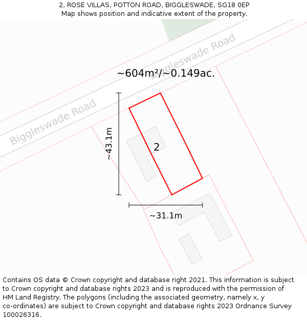 2, ROSE VILLAS, POTTON ROAD, BIGGLESWADE, SG18 0EP: Plot and title map