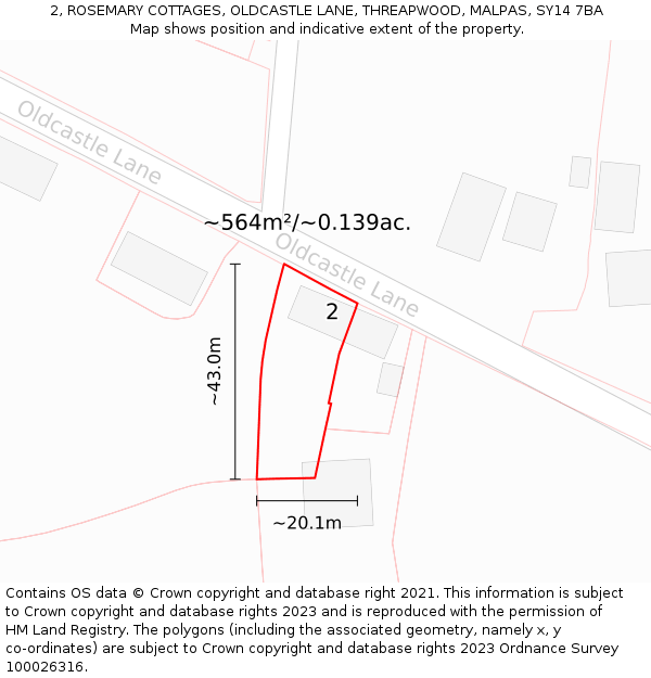 2, ROSEMARY COTTAGES, OLDCASTLE LANE, THREAPWOOD, MALPAS, SY14 7BA: Plot and title map