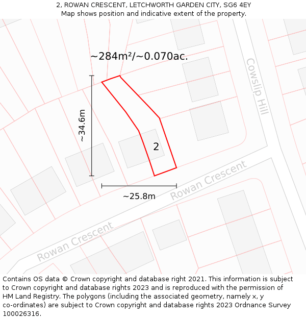 2, ROWAN CRESCENT, LETCHWORTH GARDEN CITY, SG6 4EY: Plot and title map