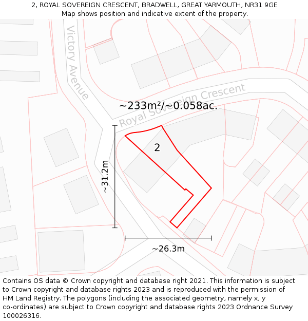 2, ROYAL SOVEREIGN CRESCENT, BRADWELL, GREAT YARMOUTH, NR31 9GE: Plot and title map