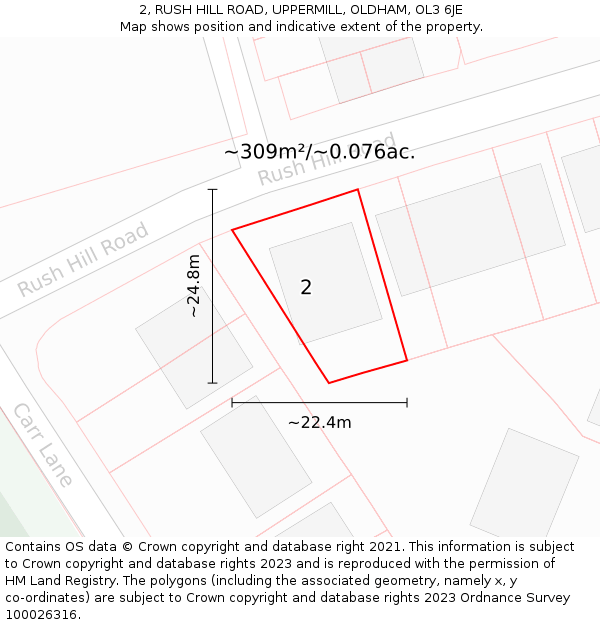 2, RUSH HILL ROAD, UPPERMILL, OLDHAM, OL3 6JE: Plot and title map