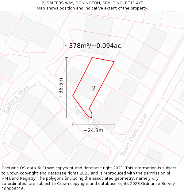 2, SALTERS WAY, DONINGTON, SPALDING, PE11 4YE: Plot and title map