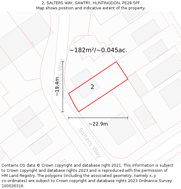 2, SALTERS WAY, SAWTRY, HUNTINGDON, PE28 5PF: Plot and title map