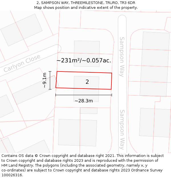 2, SAMPSON WAY, THREEMILESTONE, TRURO, TR3 6DR: Plot and title map