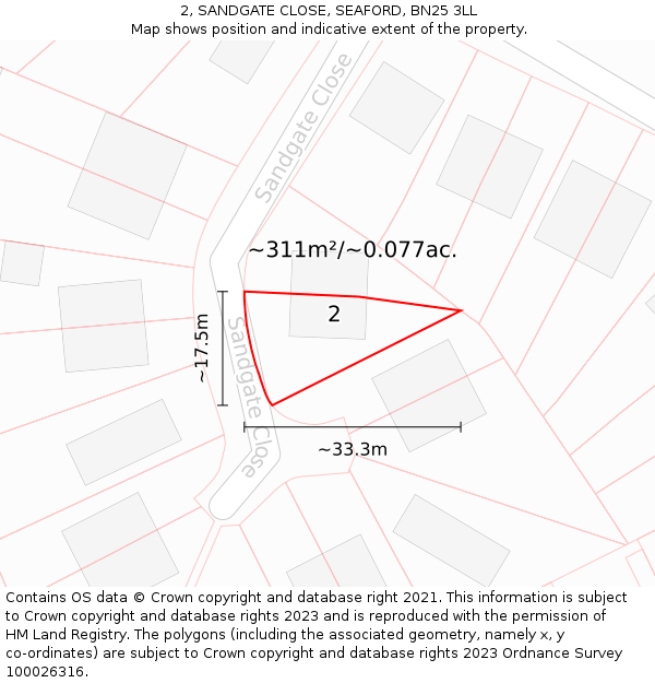 2, SANDGATE CLOSE, SEAFORD, BN25 3LL: Plot and title map