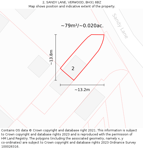 2, SANDY LANE, VERWOOD, BH31 6BZ: Plot and title map