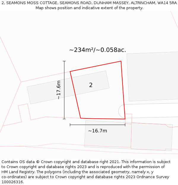 2, SEAMONS MOSS COTTAGE, SEAMONS ROAD, DUNHAM MASSEY, ALTRINCHAM, WA14 5RA: Plot and title map