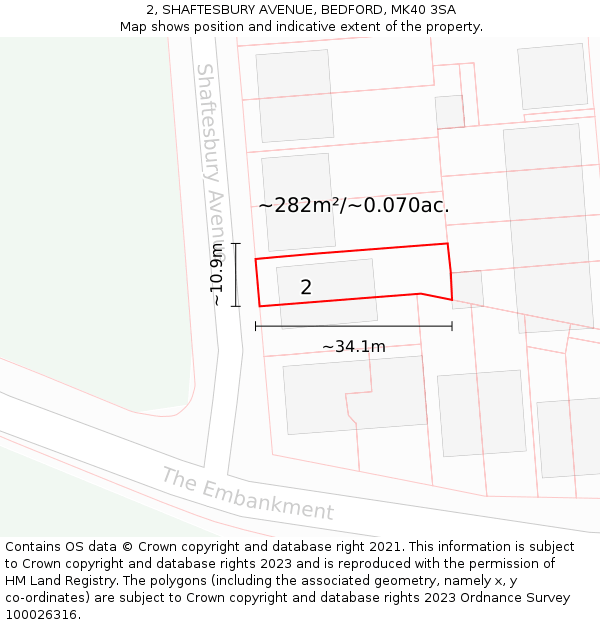 2, SHAFTESBURY AVENUE, BEDFORD, MK40 3SA: Plot and title map