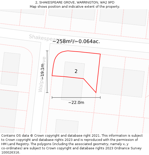 2, SHAKESPEARE GROVE, WARRINGTON, WA2 9PD: Plot and title map