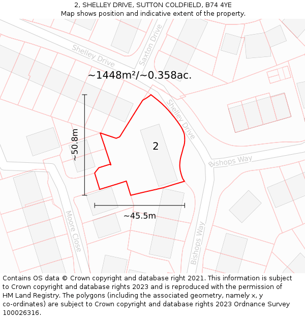 2, SHELLEY DRIVE, SUTTON COLDFIELD, B74 4YE: Plot and title map