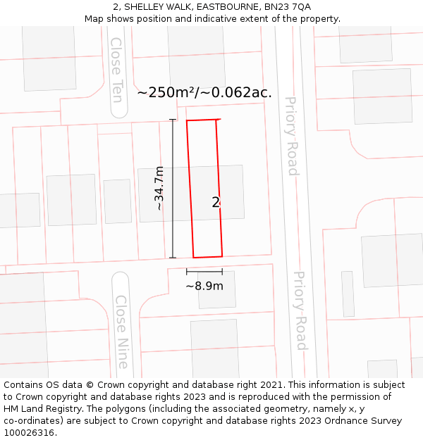 2, SHELLEY WALK, EASTBOURNE, BN23 7QA: Plot and title map