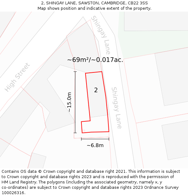 2, SHINGAY LANE, SAWSTON, CAMBRIDGE, CB22 3SS: Plot and title map