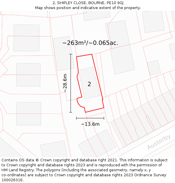 2, SHIPLEY CLOSE, BOURNE, PE10 9GJ: Plot and title map