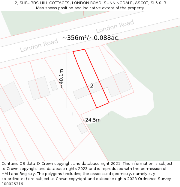 2, SHRUBBS HILL COTTAGES, LONDON ROAD, SUNNINGDALE, ASCOT, SL5 0LB: Plot and title map