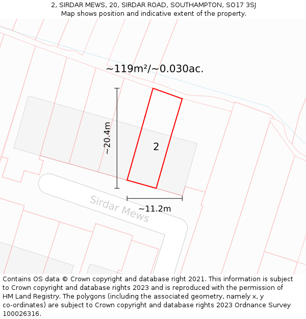 2, SIRDAR MEWS, 20, SIRDAR ROAD, SOUTHAMPTON, SO17 3SJ: Plot and title map