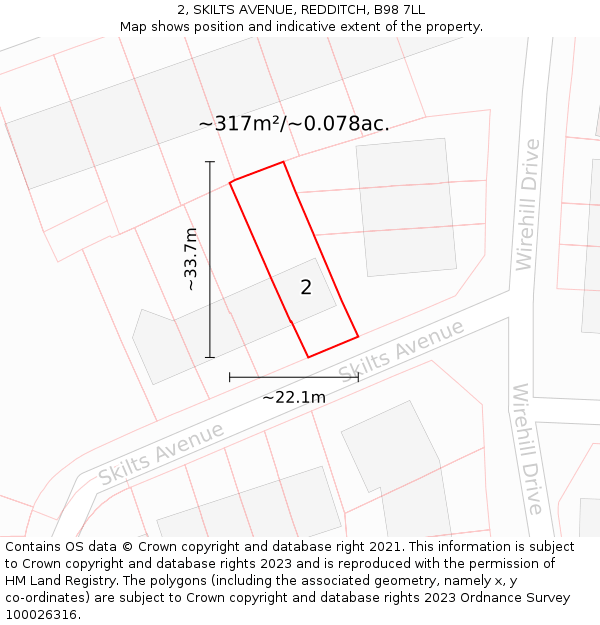 2, SKILTS AVENUE, REDDITCH, B98 7LL: Plot and title map