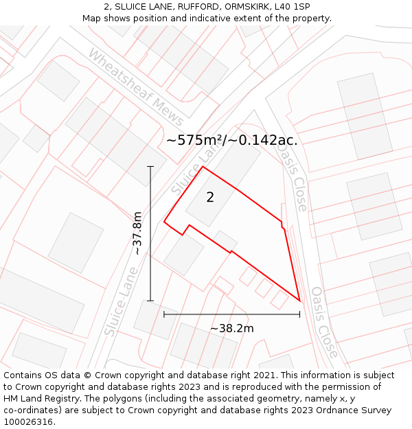 2, SLUICE LANE, RUFFORD, ORMSKIRK, L40 1SP: Plot and title map