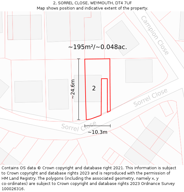 2, SORREL CLOSE, WEYMOUTH, DT4 7UF: Plot and title map