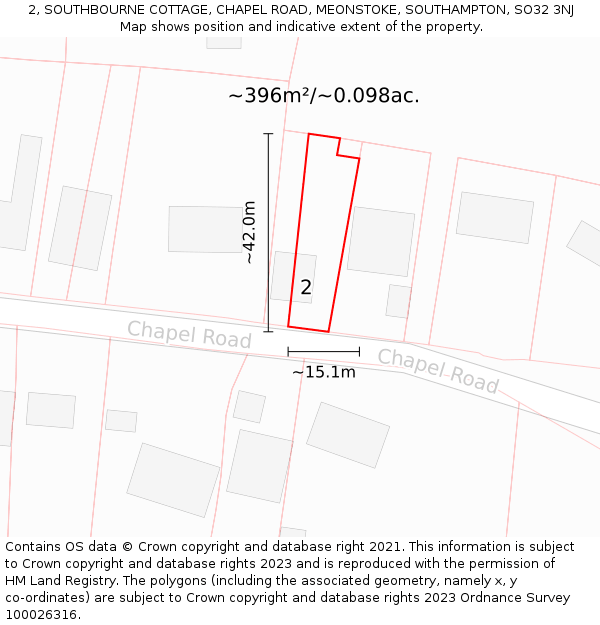 2, SOUTHBOURNE COTTAGE, CHAPEL ROAD, MEONSTOKE, SOUTHAMPTON, SO32 3NJ: Plot and title map