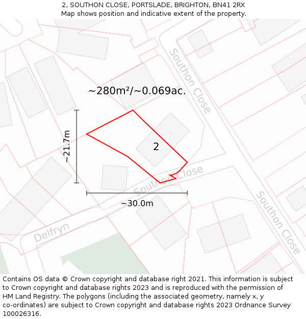 2, SOUTHON CLOSE, PORTSLADE, BRIGHTON, BN41 2RX: Plot and title map