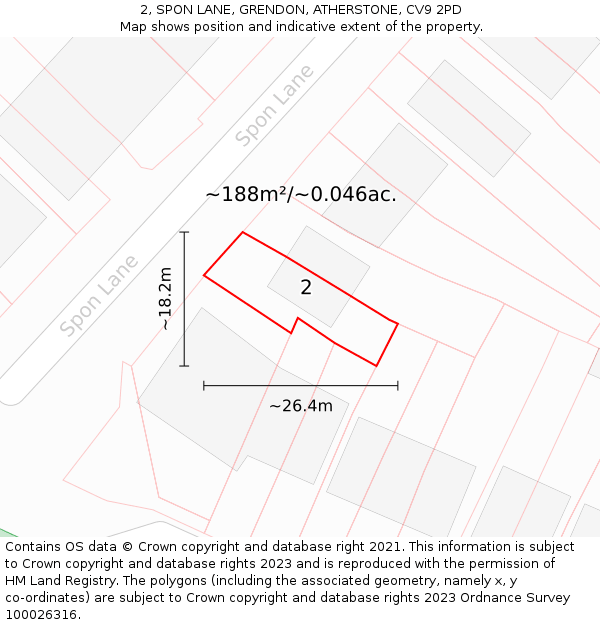 2, SPON LANE, GRENDON, ATHERSTONE, CV9 2PD: Plot and title map