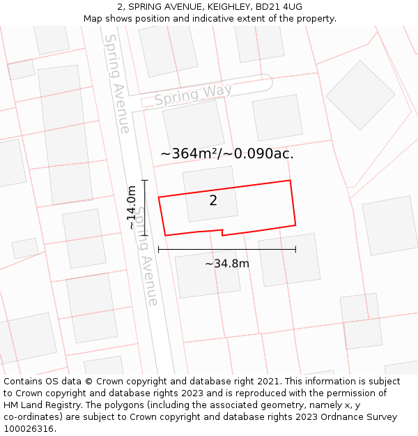 2, SPRING AVENUE, KEIGHLEY, BD21 4UG: Plot and title map