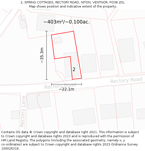 2, SPRING COTTAGES, RECTORY ROAD, NITON, VENTNOR, PO38 2DL: Plot and title map