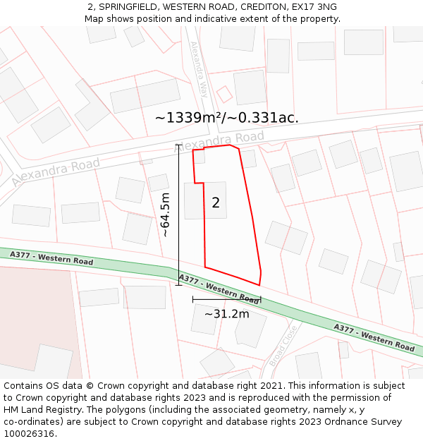 2, SPRINGFIELD, WESTERN ROAD, CREDITON, EX17 3NG: Plot and title map