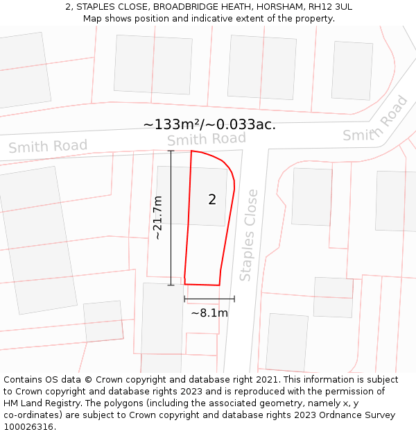 2, STAPLES CLOSE, BROADBRIDGE HEATH, HORSHAM, RH12 3UL: Plot and title map