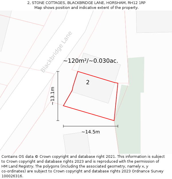 2, STONE COTTAGES, BLACKBRIDGE LANE, HORSHAM, RH12 1RP: Plot and title map