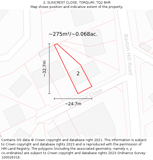 2, SUNCREST CLOSE, TORQUAY, TQ2 8HR: Plot and title map