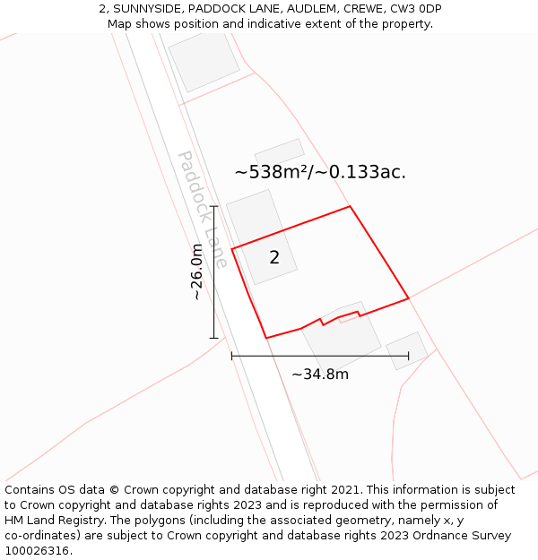 2, SUNNYSIDE, PADDOCK LANE, AUDLEM, CREWE, CW3 0DP: Plot and title map