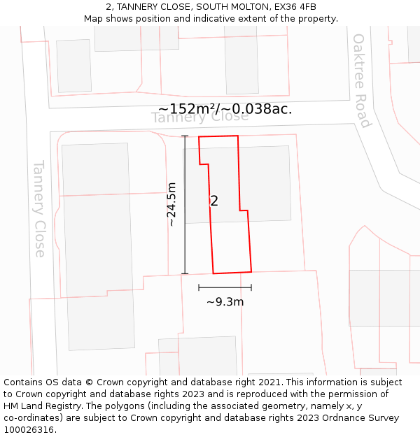 2, TANNERY CLOSE, SOUTH MOLTON, EX36 4FB: Plot and title map