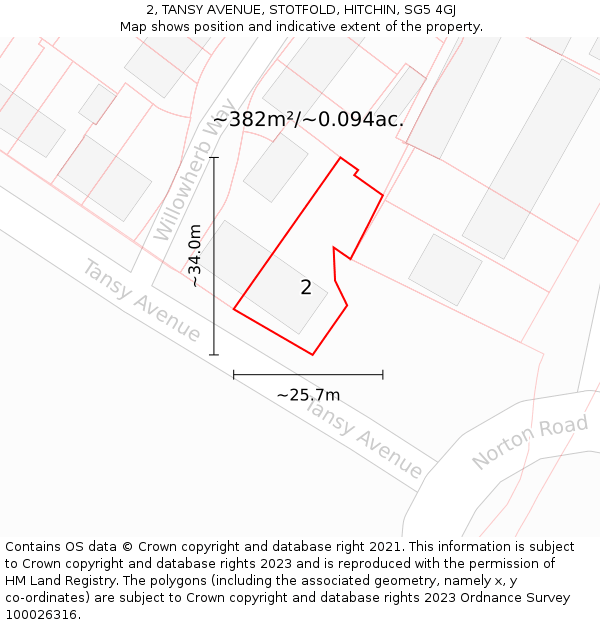 2, TANSY AVENUE, STOTFOLD, HITCHIN, SG5 4GJ: Plot and title map