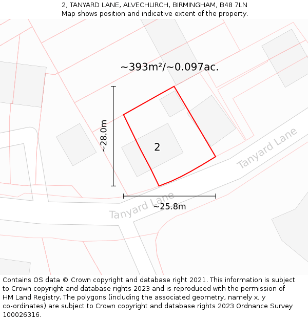 2, TANYARD LANE, ALVECHURCH, BIRMINGHAM, B48 7LN: Plot and title map