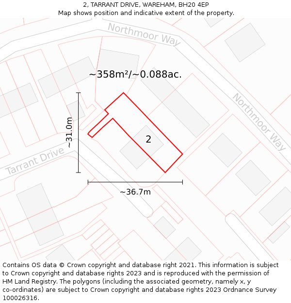 2, TARRANT DRIVE, WAREHAM, BH20 4EP: Plot and title map