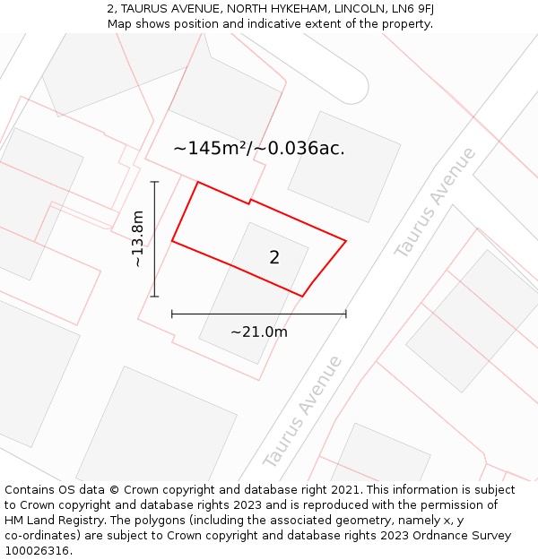 2, TAURUS AVENUE, NORTH HYKEHAM, LINCOLN, LN6 9FJ: Plot and title map