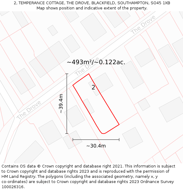2, TEMPERANCE COTTAGE, THE DROVE, BLACKFIELD, SOUTHAMPTON, SO45 1XB: Plot and title map