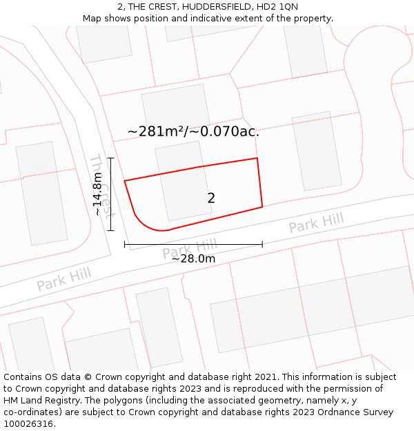 2, THE CREST, HUDDERSFIELD, HD2 1QN: Plot and title map