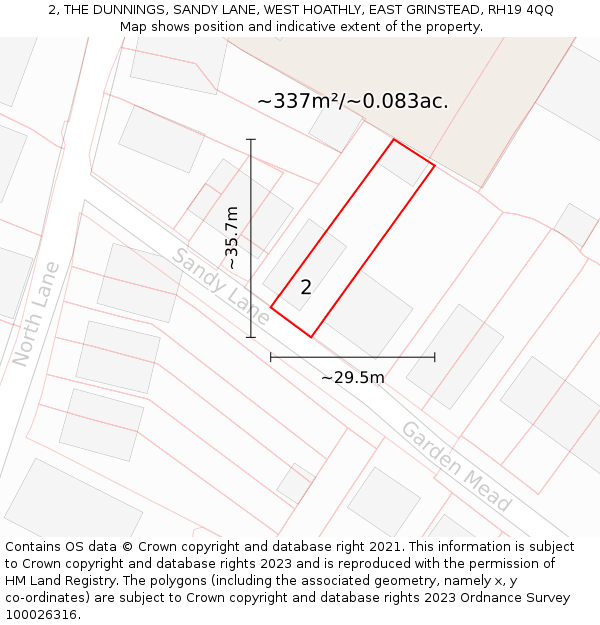2, THE DUNNINGS, SANDY LANE, WEST HOATHLY, EAST GRINSTEAD, RH19 4QQ: Plot and title map